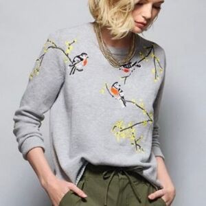 CAbi Gray Sweater with Bird Embroidery